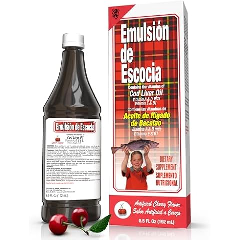 Emulsion De Escocia Cod Liver Oil - Dietary Supplement with Vitamins A, B1, D, and E, Cherry Flavor, 6.5 Fl Oz Cover