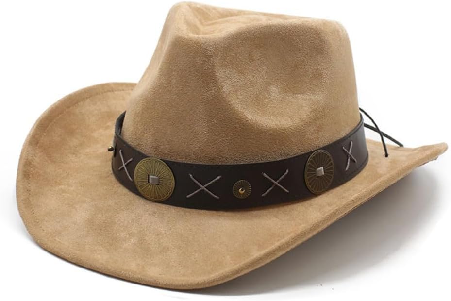 Western Cowboy Hat, Tan, Faux Suede Material, Decorative Metal Concho Band, Wide Brim Style