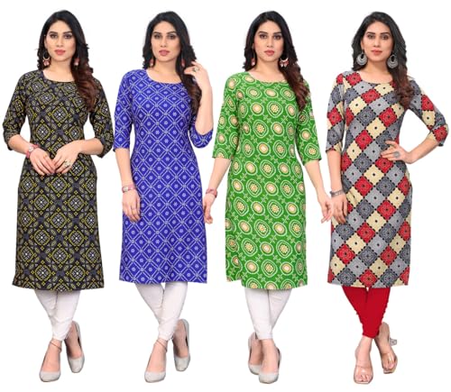 Image of JAKHANA Women's Crepe Printed Casual Straight Calf Length Round Nick Kurta Pack of 4
