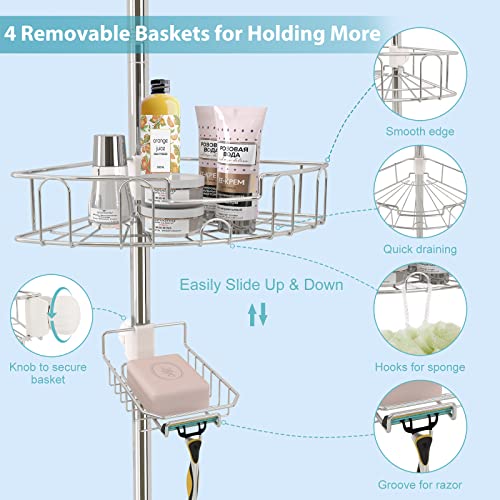 Tension Shower Caddy , Stainless Steel Corner Shower Caddy Stand Storage Organizer With Rustproof Tension Pole For Bathroom Bathtub Shampoo Soap Plants, 4 Tier Adjustable Shelves, 54 To 125 Inch #TOP2