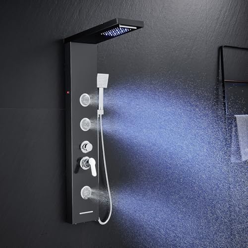 KINKIBOS Duschpaneel mit Armatur 6 Funktionen Duschpaneel mit LED Regen&Wasserfall Dusche 3 Massagedüsen Handbrause und Wanneneinlauf Duschsäule aus Edelstahl Schwarz