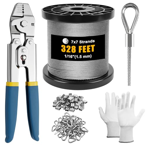 Cyrico 328FT Wire Rope Crimping Tool Kit 1/16 Stainless Steel Cable with Cutter Heavy Duty Crimper 210 PCS Aluminum Crimp Loop Sleeves 50CS Thimbles Gloves for Railing String Lights Fishing