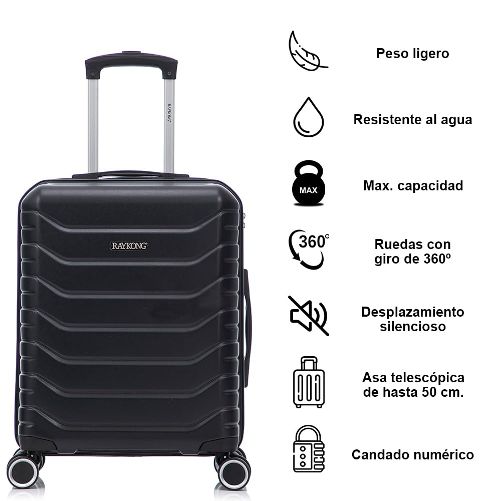 RAYKONG Maleta Cabina 55x40x20cm ABS+Policarbonato (40L) semirígida Equipaje de Mano pequeño 4 Ruedas giratorios a 360º Cierre numérico | Negro
