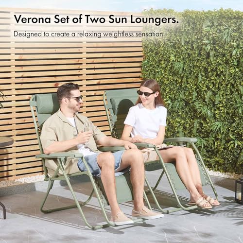 Vonhaus Zero Gravity Chairs Set Of 2 - Reclining Sun Loungers For Garden - Textilene Folding Sunloungers With Detachable Headrest - Fold Away 2 Set Deck Chairs For Outdoor, Patio (Sage Green) - 3