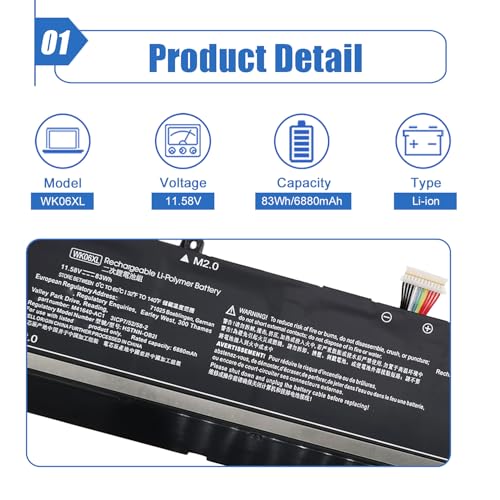Image of 83Wh WK06XL Laptop Battery Replacement for HP Omen 16-b0xxx 16-b0000TX 16-B0047TX 16-C0xxx 16-C0167AX Omen 7 Plus 17-ck0xxx 17-CK0007NV 17T-CK100 Series M41711-005 M41640-AC1 M41640-CD1 11.58V