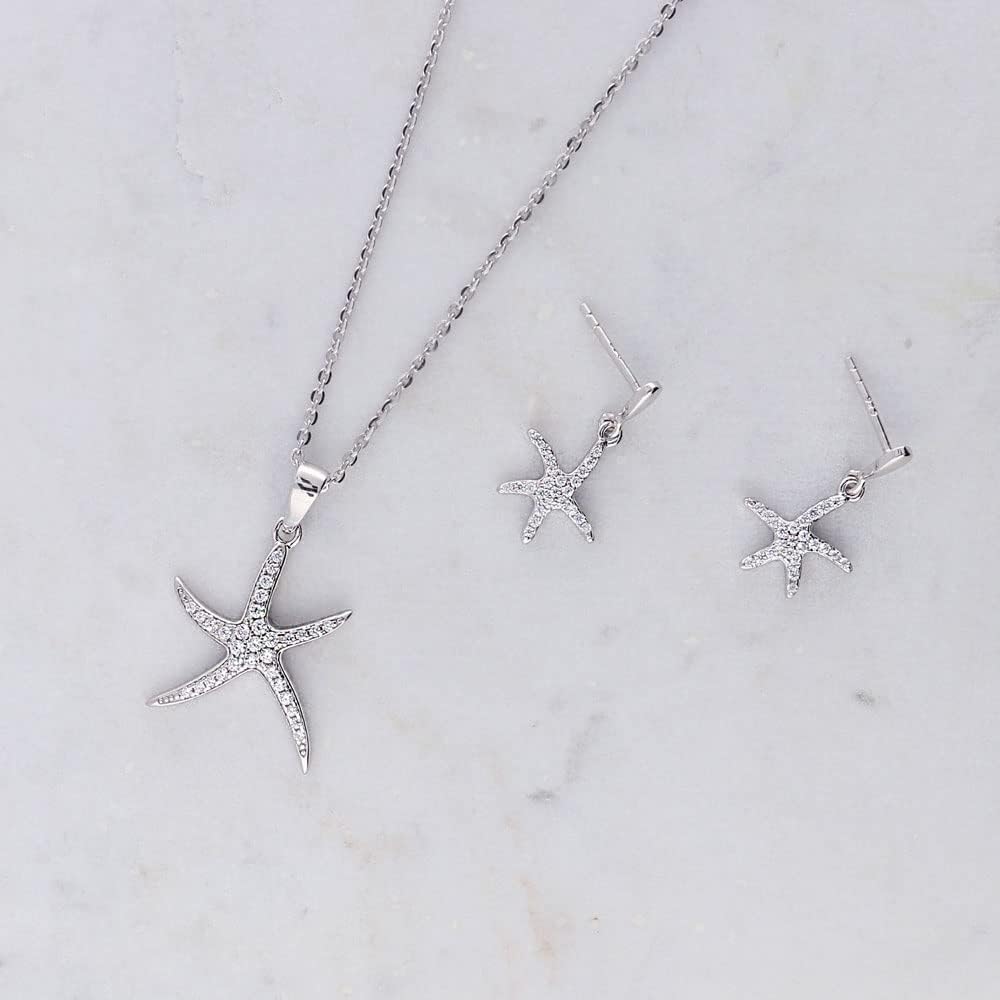 BERRICLE Sterling Silver Starfish Cubic Zirconia CZ Fashion Necklace and Earrings Set for Women, Rhodium Plated - Image 7