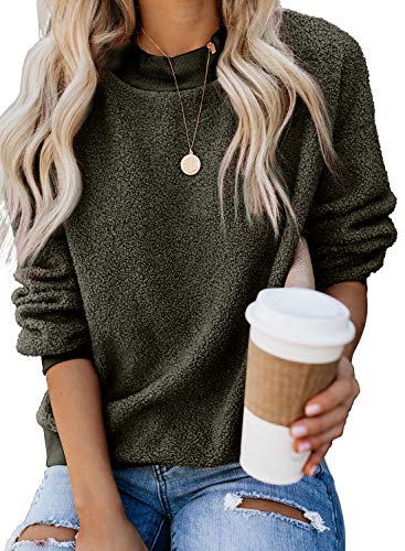 Dokotoo Womens Sweatshirts Loose Fit Fashion Crewneck Ribbed Long Sleeve Casual Plain Solid Fluffy Fleece Sweatshirt Pullovers Tops Blouses T Shirts Fashion Outerwear Green Medium