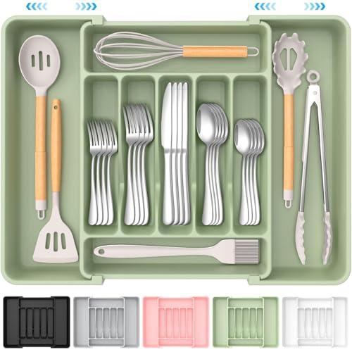 Image of ukeetap Extra Large Expandable Silverware Organizer, BPA-Free Food-Safe Cutlery Flatware Organizer, Kitchen Utensil Drawer Organizer, Adjustable Silverware Holder for Spoons Forks Knives, Green