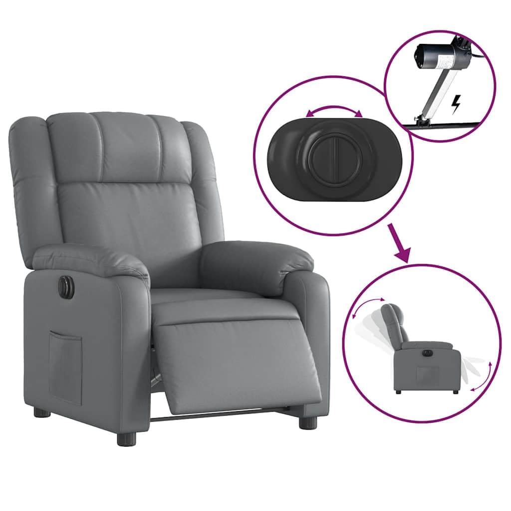 Fauteuil relax électrique gris en cuir synthétique avec fonction de couchage motorisée, inclinaison jusqu'à 135 degrés, accoudoirs rembourrés, poche latérale, jusqu'à 110 kg, pour salon et