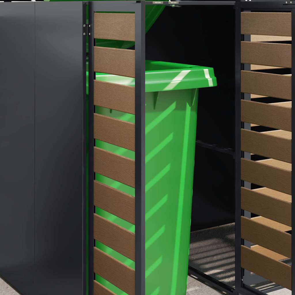 ACAGALA Copribidone per Spazzatura per 3 Bidoni 120 e 240L con Coperchio, Antracite, Acciaio Inox Resistente alle Intemperie & Porta con Superficie in Legno, 2 Ante e Design Espandibile, 65x73x113 cm