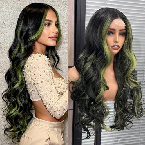 PREMPO Black Highlights Green Wig 28 inch Long Wavy Green Wigs for Women Synthetic Wig Curly Wig Heat Resistant Natural Looking As Human Hair Middle Part Pre Glueless Wigs for Halloween Cosplay Use