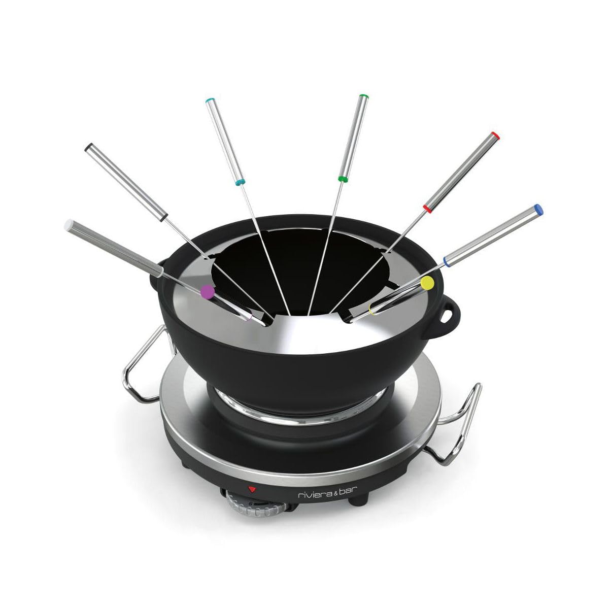 riviera&bar Fondue-Réchaud Électrique 1000W - Capacité 1,2L pour 8 Personnes - Température Réglable 6 Niveaux - Caquelon en Fonte Émaillée - INOX et Acier Chromé - Accessoires Inclus - Acier Chromé