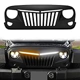 SUNPIE Jeep Wrangler JK Grill with DRL & Turn Signal LED Light Bars - Matte Black Grille Replacement 2007-18 Rubicon Sahara Sport (White DRL Amber Turn Signals, Paintable, ABS)