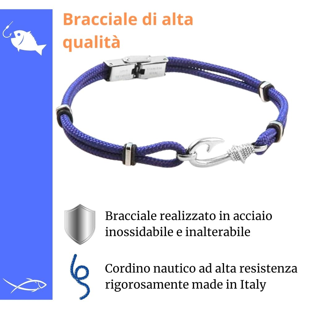 Bracciale Amo da Pesca Pescatore in Acciaio Inox e Corda | Gioiello Nautico Maschile | Braccialetto Sportivo e Resistente | Idea Regalo Uomo Amante del Mare bcc1602b