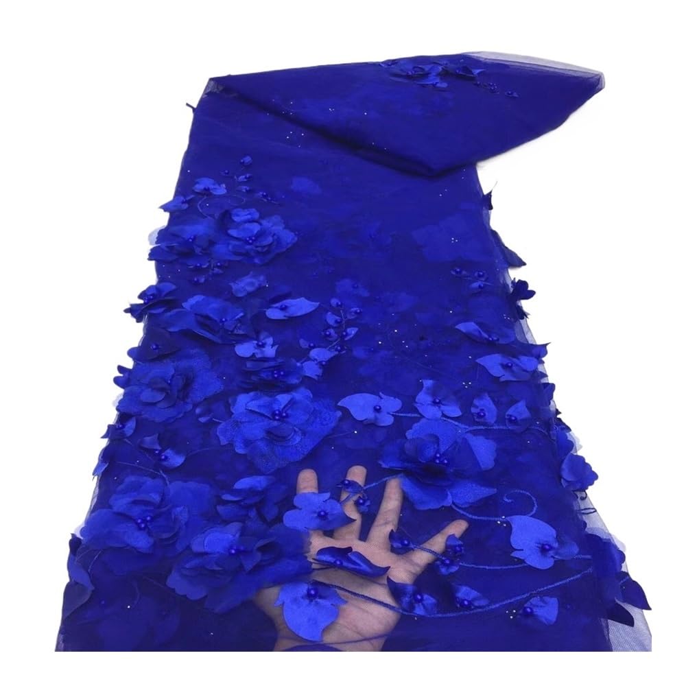 5 jardów 3D kwiatowa koronkowa tkanina perłowa haftowana siatka z koralikami na ślubne suknie bal DIY(Blue)