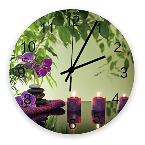 TAOGAN Wall Clock Zen Spa Wood Clock Silent Non Ticking Butterfly Orchid Zen Basalt Stones Candle Purple Round Clock Battery Operated Decorative Wall Clock