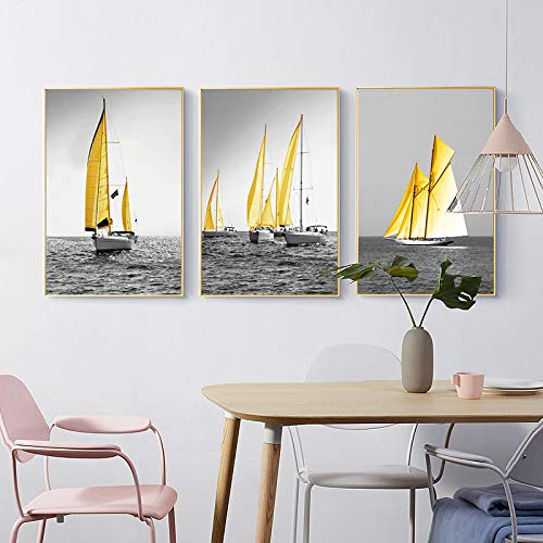 Tableau mer et voilier abstrait moderne en 3 pièces pour décoration murale de couloir et chambre