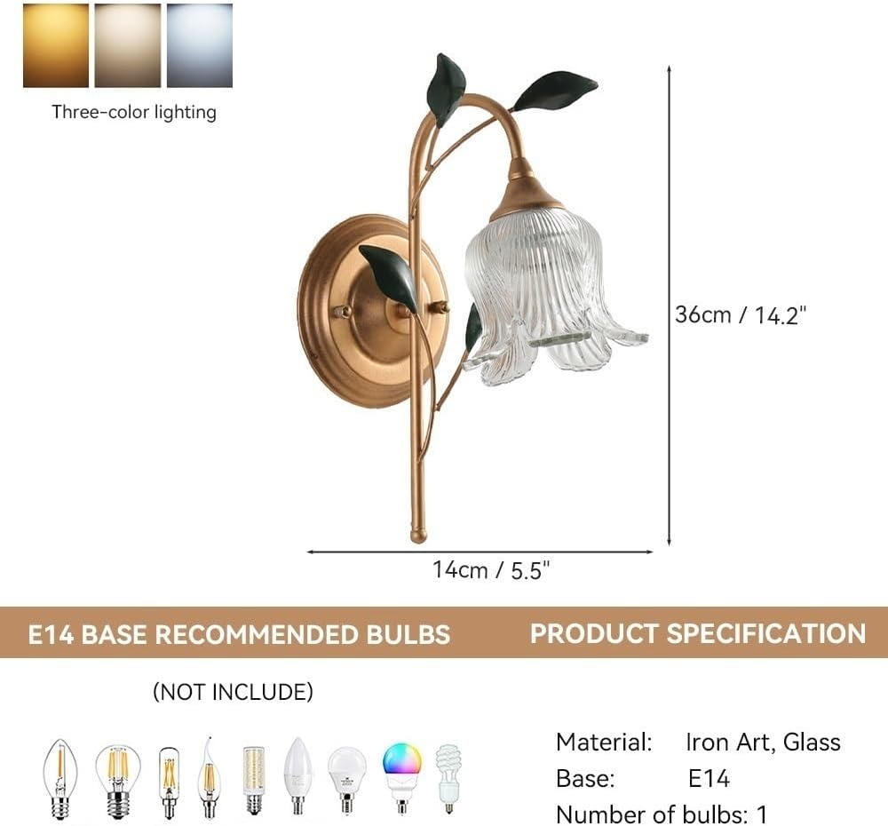 French Lily of the Valley Wall Sconce, Floral Gold Wall Lamp with Glass Flower Shade and Green Leaves, Cottagecore Vanity Fixture for Bedroom, Bedside, Living Room, Hallway Parlor