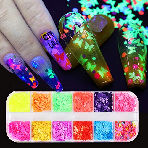 Luminous Butterfly Nail Art Stickers Decals,3D Holographic Butterfly Nail Art Glitter Sequins Nail Art Supplies Butterflies Colorful Flakes Designs Manicure Tips Charms Nail Decoration 12 Colors