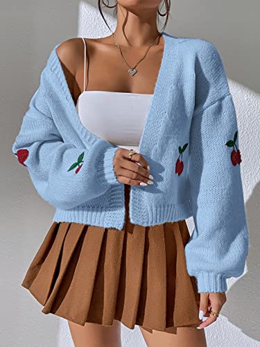 MakeMeChic Women's Y2K Lantern Sleeve Print Open Front Cropped Lightweight Cardigan Sweater4