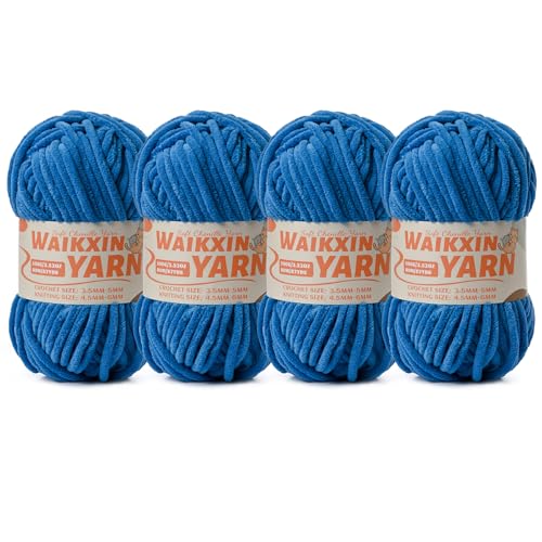 Image of (4 Blue) 4 Pack Super Soft Fuzzy Chenille Chunky Yarn for Crocheting, 400g (350yds) Velvet Fluffy Amigurumi Yarn for Hand Knitting Baby Blankets Weaving Craft