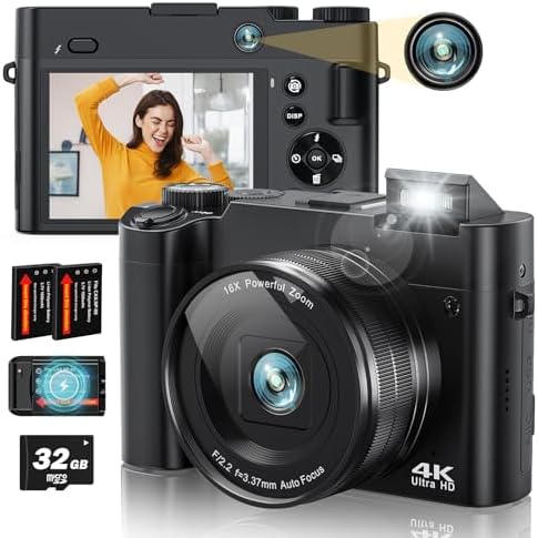 Newest 4K Digital Camera for Photography 64MP Selfie Camera with Front and Rear Dual Lens 16X Digital Zoom Compact Point and Shoot Cameras Vlogging Camera with 32G Card & 2 Batteries (Black)