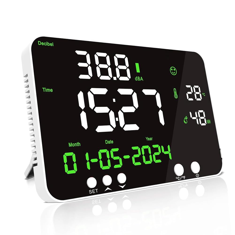 Jnchdghwa White Sound Level Meter 5-In-1 Decibel Meter Wall-Mounted Noise Monitor Displays Time, Temperature, Humidity, Date With Alarms