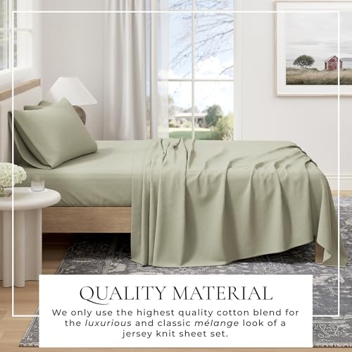 Image of Great Bay Home Cotton Jersey Knit King Sheet Set - Ultra-Soft, Stretchy, Heathered Melange Bed Sheets - Cozy, Soft T-Shirt Sheet & Pillowcase Set (Heathered Olive)