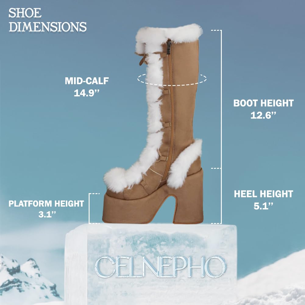 CELNEPHO Knee High Boots For Womens Side Zipper Warm Faux Fur Platform Chunky Heel Punk Goth Walking Winter Snow Boots: 5.5 A-apricot