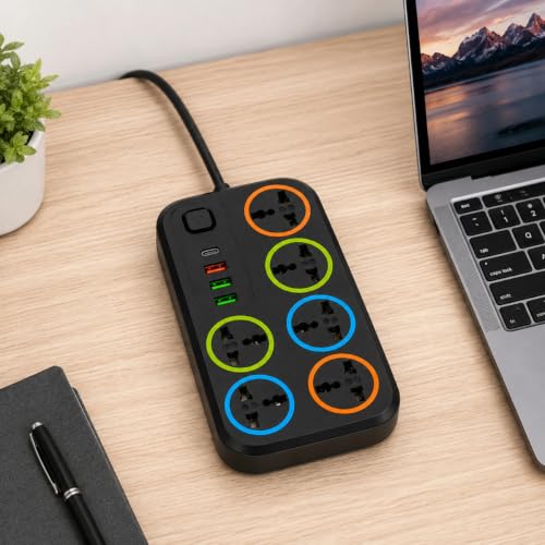 Image of Extension Board 10Amp Output 250 Volts 1 Mtr Extension Cord | 6 Universal Sockets, 3 USB & Type-C Port | Master Switch, Safety Shutter | Multi Plug Travel Adapter for Home Appliances