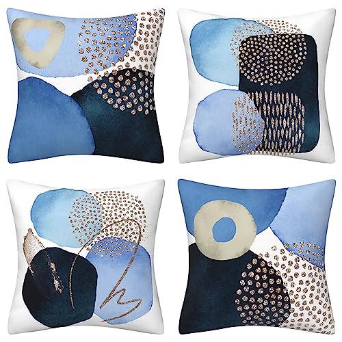 Drmstow Blue Boho Pillow Covers 18x18 Set of 4 Mid Century Modern Decorative Aesthetic Colorful Throw Pillow Cushion Covers Abstract Geometric Minimalist Pillow Covers for Sofa Bed Indoor Home Decor