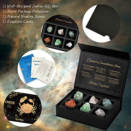 Image of Aovila Cancer Crystals Gift Set, Zodiac Signs Healing Crystals Birthstones with Horoscope Box Set Cancer Astrology Crystals Healing Stones Gifts