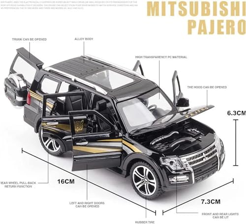 Image of 1:32 Scale Mitsubishi Pajero Metal Diecast Car for Kids, Unisex, 3 Years and Up, Black, Openable Doors, Sound, Light Effects, Pullback Function