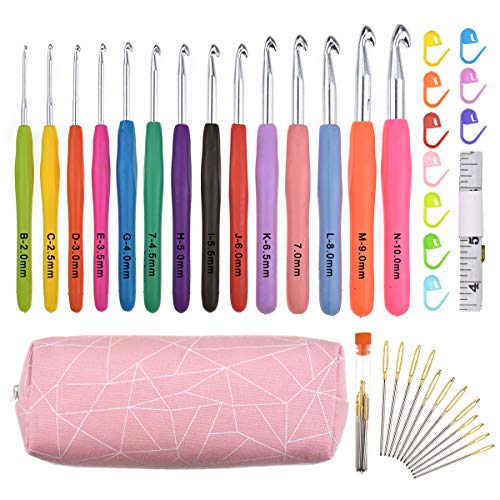 KOKNIT Set of 14 PCS Crochet Hook Set with Case Rubber Soft Handles Extra Long Knitting Needles Soft Grip Hooks for Arthritic Hands Standard US Size 2mm(B)-10mm(N)