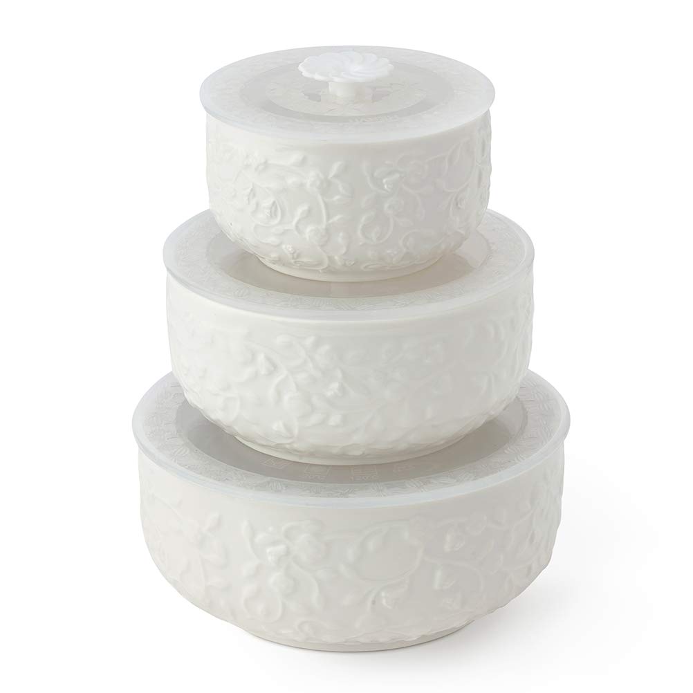 Hervit Set 3 Contenitori in Porcellana con Roselline e Coperchio Salva Freschezza - Contenitori Cibo da Freezer e Frigo - Barattoli Porta alimenti - Differenti Misure - Scatola Regalo - cod.28000