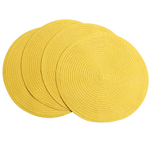 Image of SHACOS Round Braided Placemats Set of 4 Washable Kitchen Table Place Mats Doilies Table Mats for Home Wedding Party Dining Table Decor (Yellow, 4)