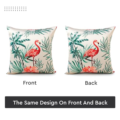 Image of Encasa XO Polyester Spring Printed Cushion Covers, No Inserts, Pack of 2 | Flamingo, 20 inchx20 inch | 300 TC Twill Fabric | Digital Botanical Print | Double Sided Pattern | Concealed Zipper