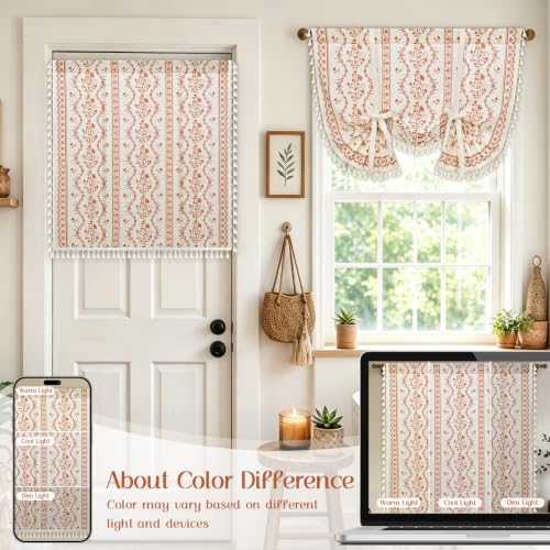 Image of Yinhua Boho Tie Up Curtains for Windows Vintage Linen Valance Light Filtering Floral Valance Rod Pocket Rustic Adjustable Tassel Window Valances for Bathroom, 42 inch W X 45 inch L, White Orange