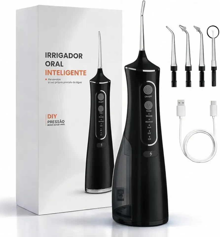 Irrigador Oral & Bucal Portátil Recarregável -Tanque 300ml - Limpeza Profunda com 4 Níveis de Pressão, 4 Ponteiras, À Prova d’Água - Jato Dental Ideal para Aparelhos Ortodônticos, Implantes e Gengivas (Preto)