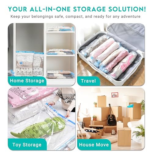 ZOESTORAGE Vakuumbeutel für Kleidung, 12 Stück (4 x 40x60cm, 4 x 50x70cm, 4 x 60x80cm) aus PA+PE Material mit Wiederaufladbarer Pumpe, für Aufbewahrung, Reisen, Gepäck und Decken