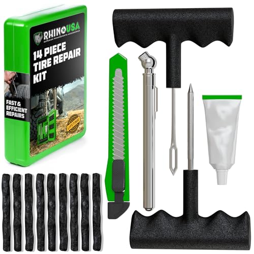 Rhino USA Compact Tire Repair Kit (14-Piece) – Heavy Duty Plug Set with Included Lubricant to Fix Punctures and Seal Flats – Tubeless Tool for Car, Motorcycle, ATV, UTV, RV & Trailer
