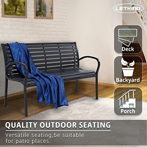 Letkind Garden Patio Bench 3-Seater Black Outdoor Benches Powder Coated Cast Steel Porch Bench Chair Seat For Outside, Backyard, Park, Lawn #TOP5