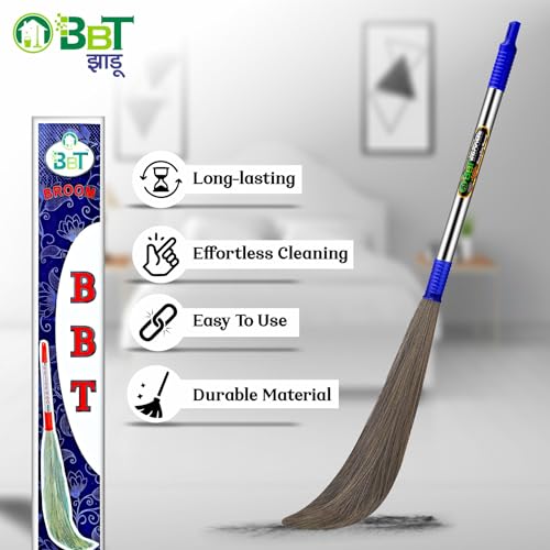 Image of BBT Phool Jhadu | Natural Grass Broom Stick for Home Cleaning | Eco-Friendly Long Handle Jhadu | Anti Dust, Lightweight & Durable Pack of- (1, NO-2)