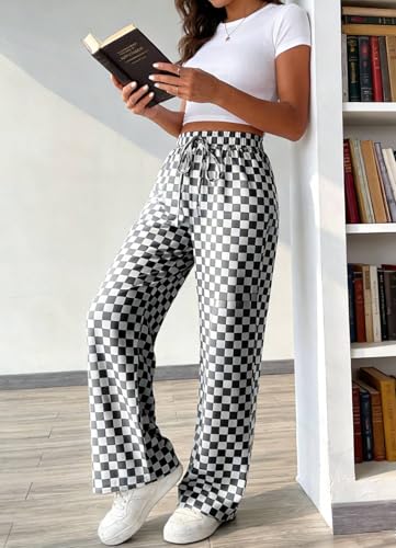 Image of Women's Casual Checkered Pants Drawstring Elastic Waist Comfy Loose Straight Wide Leg Plaid Pants with Pockets