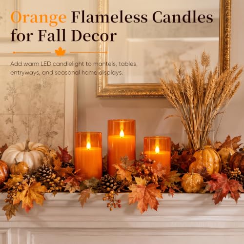 Image of Homemory Halloween Orange Flameless Candles, Acrylic, Remote Timer, 3 Pack | Flameless LED pillar candles, battery operated candles, D3 inchxH4 inch /5 inch /6 inch, remote timer, Halloween, fall decor, Thanksgiving