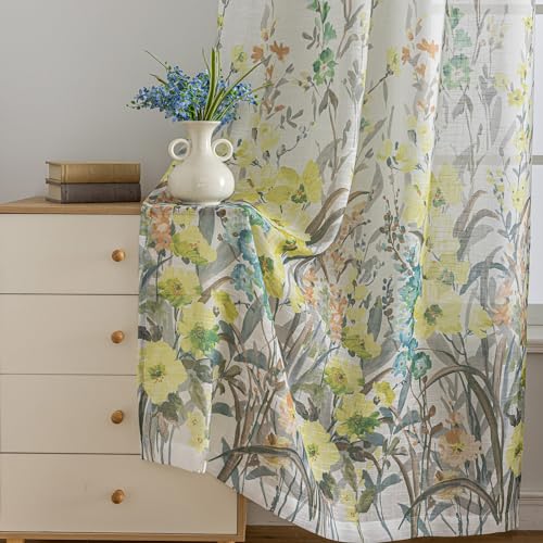 Image of SUOUO Gray Yellow Wildflower Floral Semi Sheer Curtains 96 inches 2 Panels | Linen Textured,Light Filtering,Farmhouse Cottage Decor,Rod Pocket,Window Drapes for Living Room Bedroom Dining Room