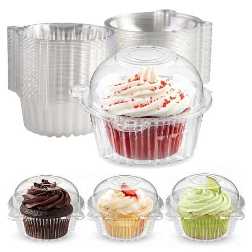 LOMUHM 50 PCS Clear Plastic Cupcake Containers Food Grade PET Reusable Dessert Holders with Stackable Design for Birthday Wedding Party Home Baking Food Storage