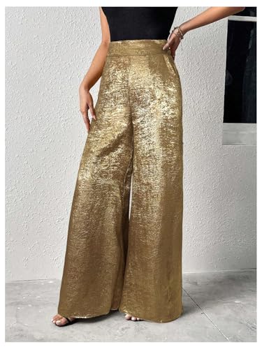 MakeMeChic Women's Metallic Split Side Hem Long Pants High Waist Wide Leg Loose Trousers with Pockets4