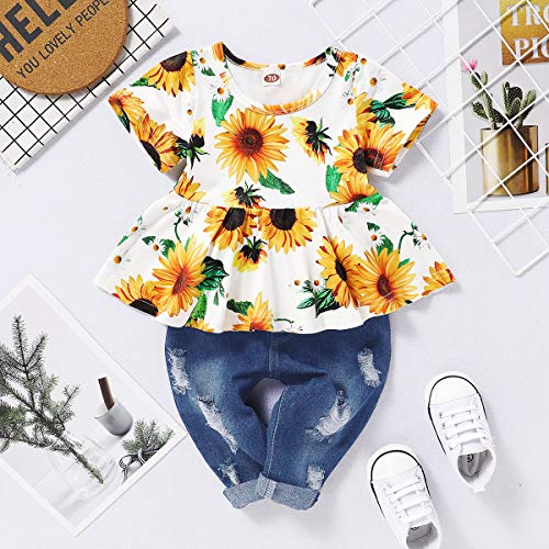Image of CARETOO Girls Clothes Outfits, Cute Baby Girl Floral Long Sleeve Pant Set Flower Ruffle Top