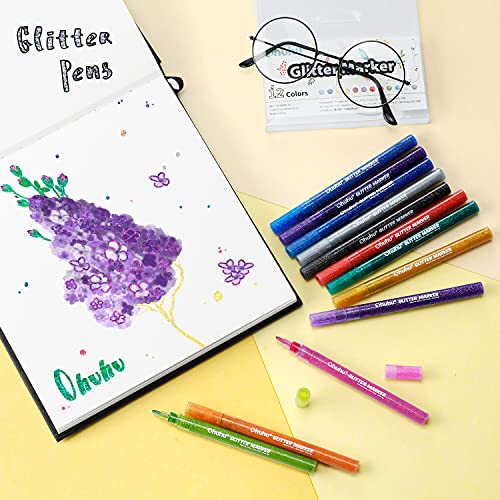 Image of Ohuhu Glitter Markers Pen: 12 Glitter Colors Metallic Shimmer Marker Fine Tip Water-based Ink for Kids Adults DIY Crafts Greeting Birthday Cards Making Mugs Wood- AP Certificated